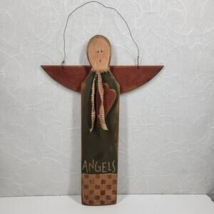 Vintage Angel Heart Door Hang 18" Green Wood Primitive Handmade Holiday Folk Art